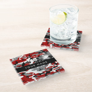 Posavasos De Vidrio Camuflaje rojo y gris Tu nombre Personaliza