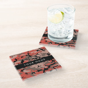Posavasos De Vidrio Camuflaje rojo y marrón Tu nombre Personaliza