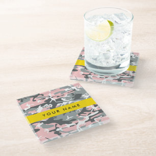 Posavasos De Vidrio Camuflaje rosa y gris Tu nombre Personaliza