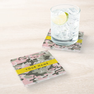 Posavasos De Vidrio Camuflaje rosa y verde Personaliza tu nombre