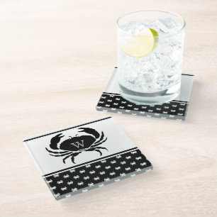 Posavasos De Vidrio Cangrejo náutico monogramado negro y blanco