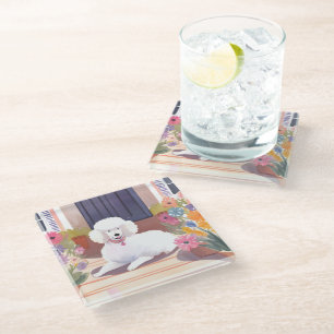 Posavasos De Vidrio Caniche Blanco Flores Acuarela de Mascota Perro