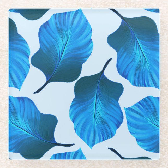 Posavasos De Vidrio Canna Tropicanna Las hojas tropicales en azul (Anverso)