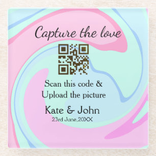 Posavasos De Vidrio Captura el amor añade escaneo QR mármol rosa azul 