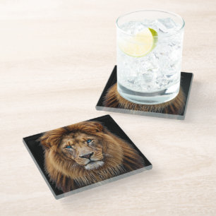 Posavasos De Vidrio Cara de León Majestuoso con Ojos Azules Anima Fa