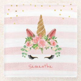 Posavasos De Vidrio Cara de unicornio rosado con flores