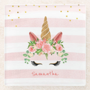 Posavasos De Vidrio Cara de unicornio rosado con flores