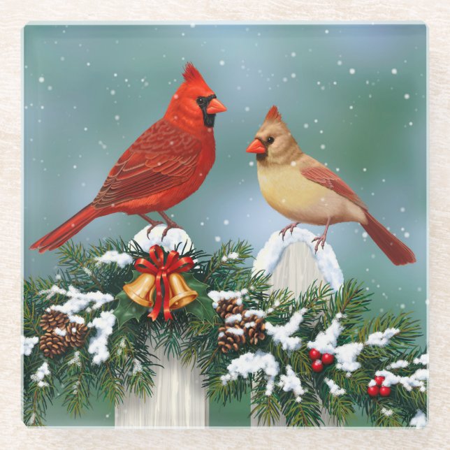 Posavasos De Vidrio Cardenales de vacaciones y Navidades Garland (Anverso)