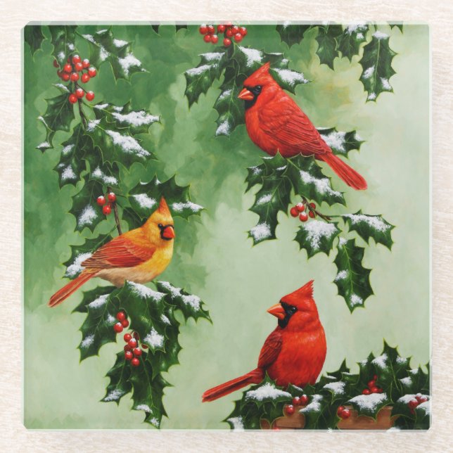 Posavasos De Vidrio Cardenales rojos y Holly Berries (Anverso)