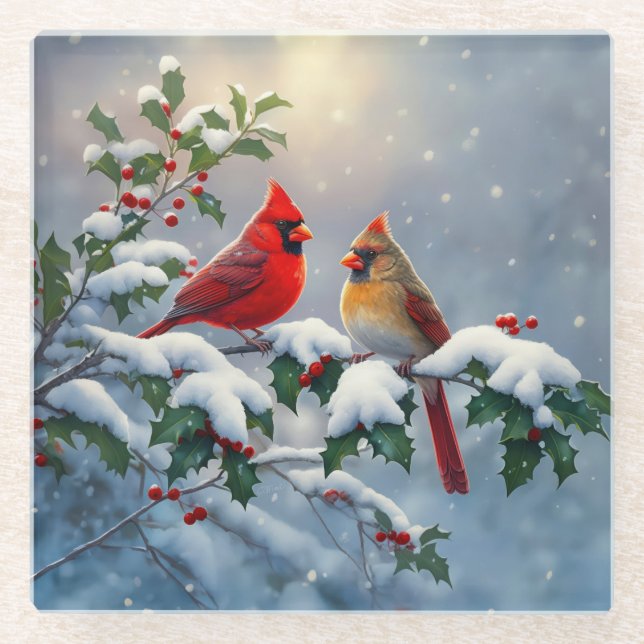 Posavasos De Vidrio Cardenales rojos y Holly en la nieve (Anverso)
