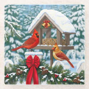 Posavasos De Vidrio Cardenales y Navidades Alimentador de aves