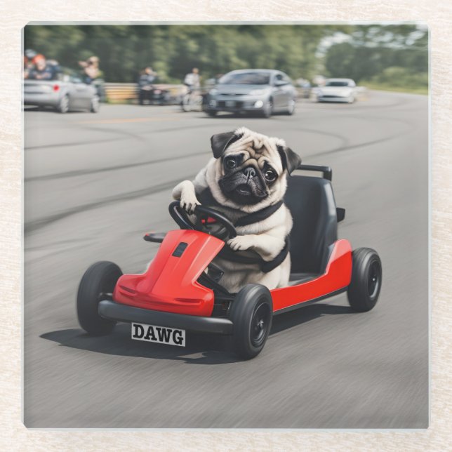 Posavasos De Vidrio Carrera de Pug go-kart (Anverso)