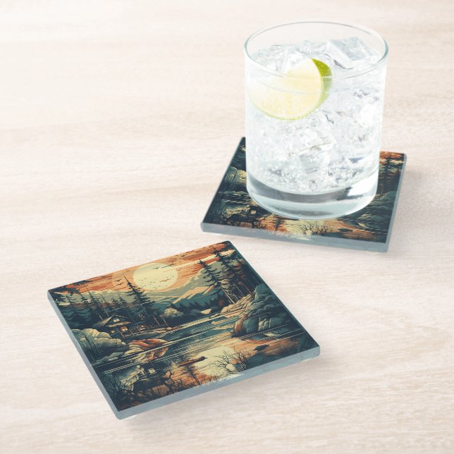 Posavasos De Vidrio Casa de montaña Escandinavia Retro Art (Angular)