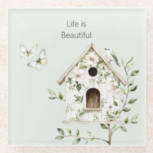 Posavasos De Vidrio Casa de Pájaro Verde Blanco Hojas Flores Mariposas