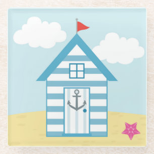 Posavasos De Vidrio Casa de playa azul y blanca