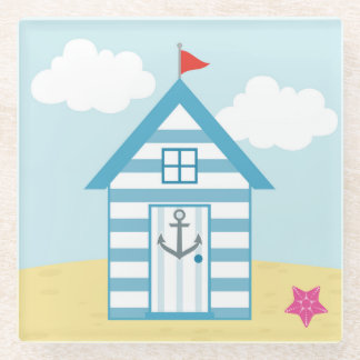 Posavasos De Vidrio Casa de playa azul y blanca