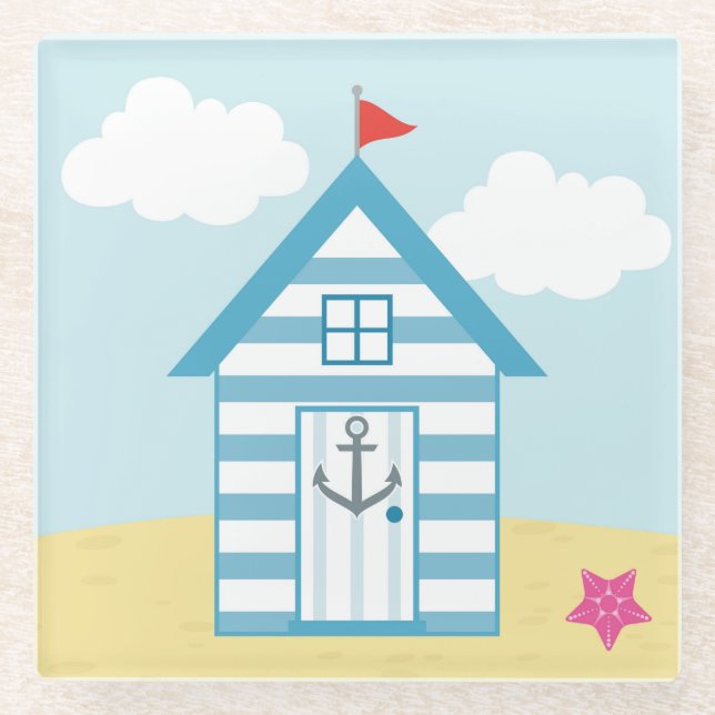 Posavasos De Vidrio Casa de playa azul y blanca (Anverso)