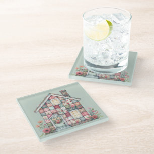 Posavasos De Vidrio Casa floral cottagecore de falso patchwork