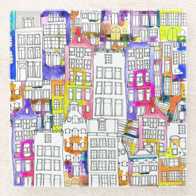 Posavasos De Vidrio Casas de Amsterdam: Patrón Seamless de acuarela (Anverso)