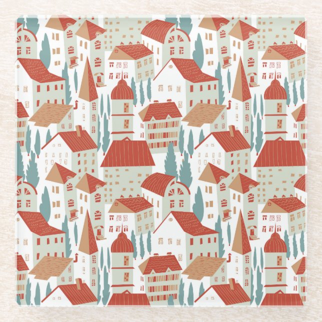 Posavasos De Vidrio Casas de pueblo ricas: Ilustracion sin mar (Anverso)