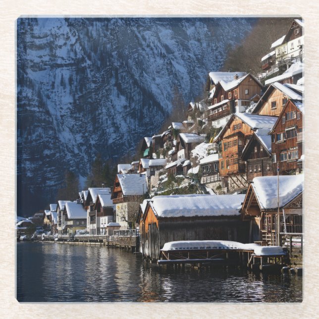Posavasos De Vidrio Casas junto al lago de madera en Hallstatt, Austri (Anverso)