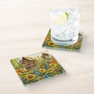 Posavasos De Vidrio Casas para Pájaros Jardín de Girasoles Pájaros Azu