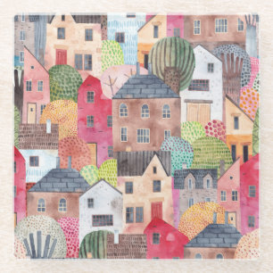 Posavasos De Vidrio Casas Resumen: Acuarela De Fondo Inalámbrico.