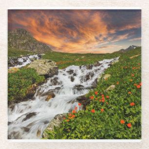 Posavasos De Vidrio Cascada en las montañas con las flores