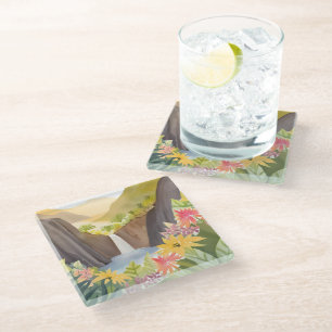 Posavasos De Vidrio Cascada Tropical   Paisaje Floral de Acuarela