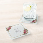 Posavasos De Vidrio Cassis floral elegante de novia y Moda de Groom<br><div class="desc">Moda y elegancia, este romántico diseño boda de keepsake presenta una romántica boda floral de color acuático con vegetación frondosa sobre un elegante fondo blanco clásico. Un brillante marco cuadrado de color dorado aporta un toque de moda. Personalice los detalles del boda con sus nombres y fecha boda en letras...</div>