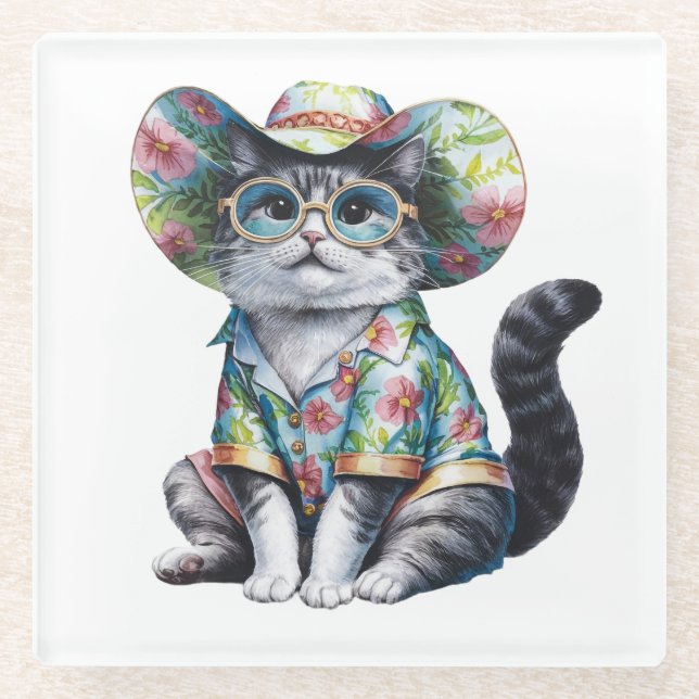 POSAVASOS DE VIDRIO CAT DE VERANO CON CAMISA Y GORRA FLORAL (Anverso)