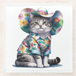 POSAVASOS DE VIDRIO CAT DE VERANO CON CAMISA Y GORRA FLORAL
