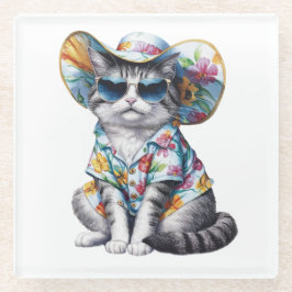 POSAVASOS DE VIDRIO CAT DE VERANO CON CAMISA Y GORRA FLORAL