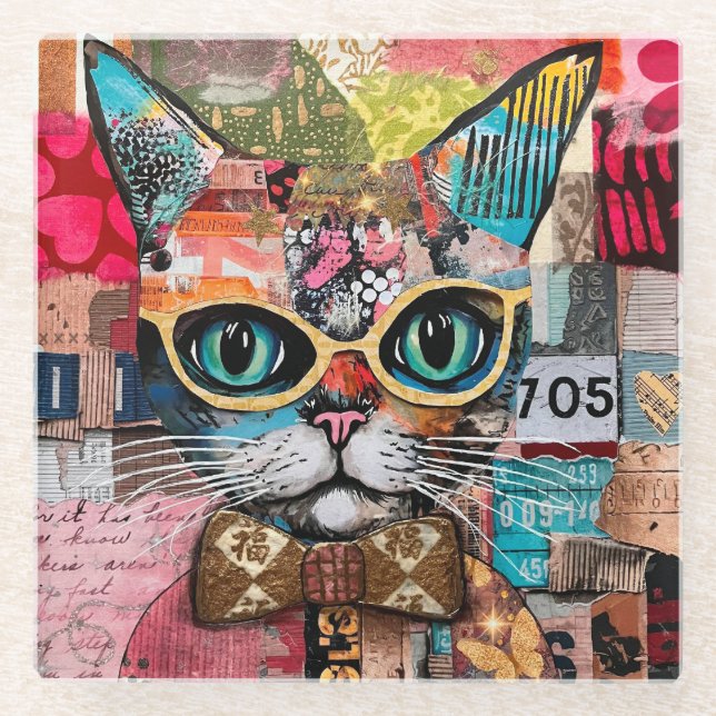 Posavasos De Vidrio Cat Mixed Mixed Paper Collage  (Anverso)
