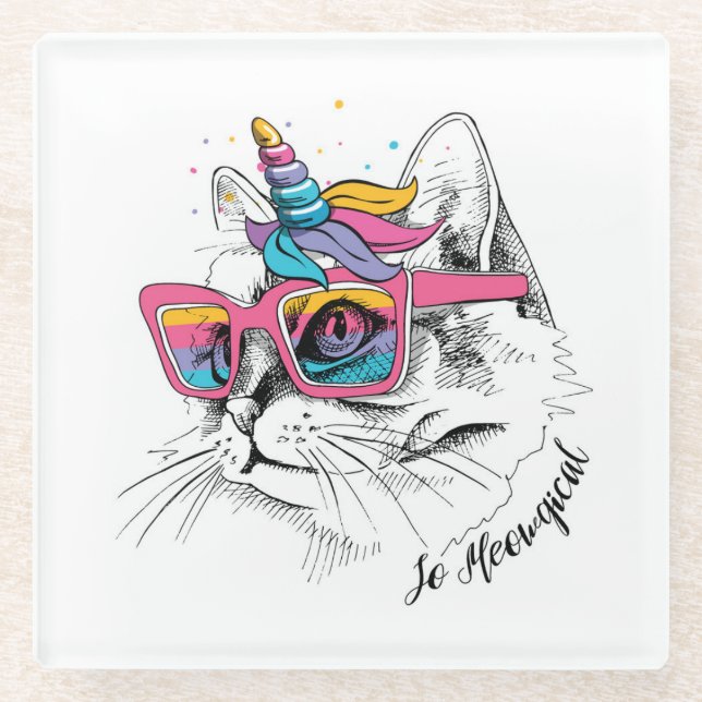 Posavasos De Vidrio Caticorn| Tan Meowgical (Anverso)