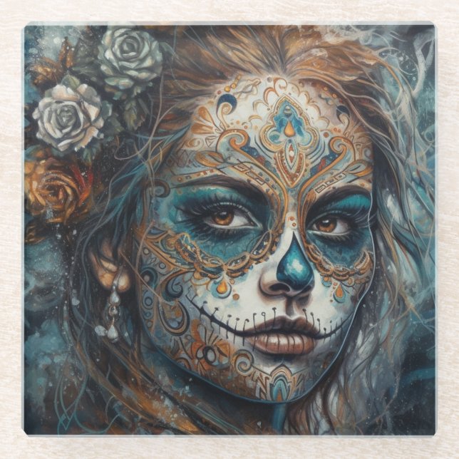 Posavasos De Vidrio Catrina Azul (Anverso)
