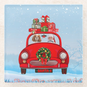 Posavasos De Vidrio Cavalier King Dog En Coche Con Santa Claus