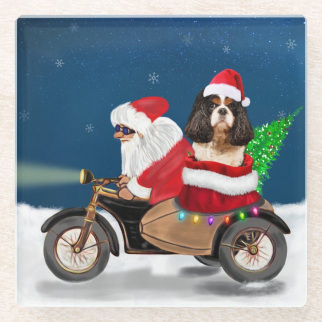 Posavasos De Vidrio Cavalier King Dog Navidades Santa Claus (Anverso)