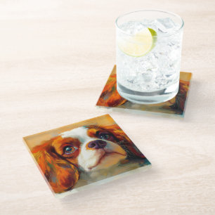 POSAVASOS DE VIDRIO CAVALIER ROJO Y BLANCO KING CHARLES PERRO ESPAÑOL
