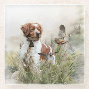 Posavasos De Vidrio Cazando con un perro de Bretaña, arte