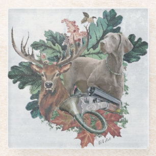 Posavasos De Vidrio Cazando con un Weimaraner, "Fantasma gris"