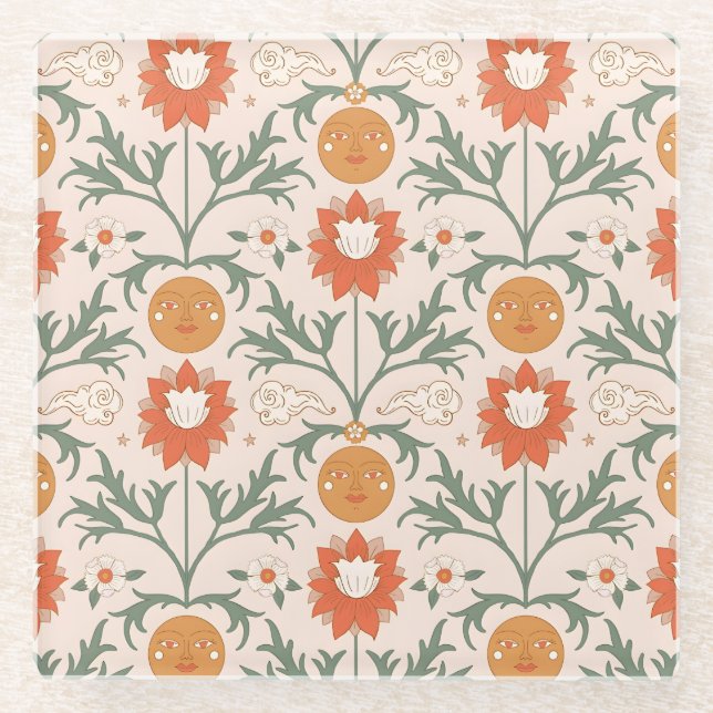 Posavasos De Vidrio Celestial Floral Sunburst Seamless Pattern Design (Anverso)