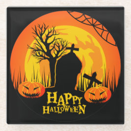 POSAVASOS DE VIDRIO CEMENTERIO DE HALLOWEEN ESPANTOSO NARANJA NEGRO AM