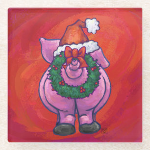 Posavasos De Vidrio Cerdo en Santa Hat en rojo