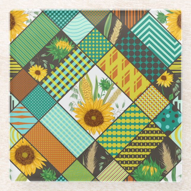 Posavasos De Vidrio Cereales de patchwork, girasoles, motivos geométri (Anverso)