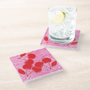 Posavasos De Vidrio Cerezas de cebra con brillo rojo rosa