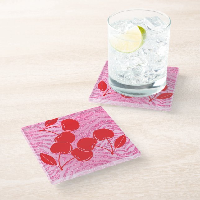 Posavasos De Vidrio Cerezas de cebra con brillo rojo rosa (Angular)