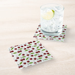 Posavasos De Vidrio Cerezo Rojo, Patrón De Cerezas, Hojas, Fruta