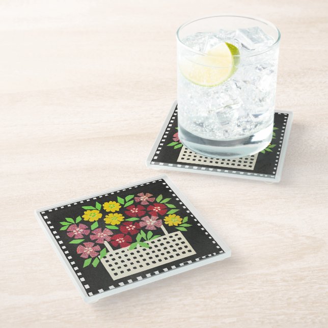 Posavasos De Vidrio Cesta de Flores, rojas y amarillas, (Angular)