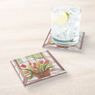 Posavasos De Vidrio Cesta de Tulipanes   Pintura Acuarela Floral en Ve